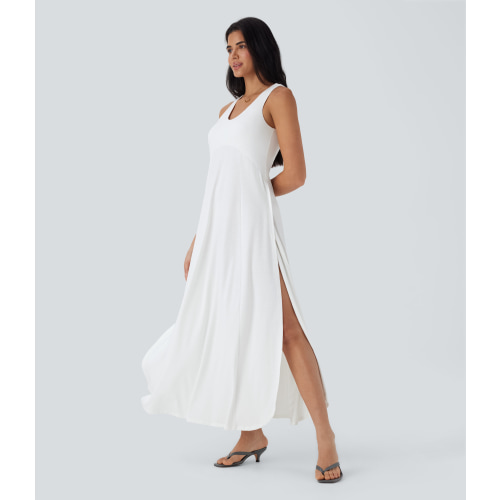 U Neck Backless Split Flowy Maxi Casual Tank Dress