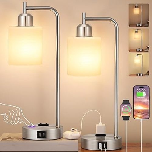 Innqoo Industrial Nickel Table Lamps for Bedrooms Set of 2-3-Way Dimmable Desk Lamp with USB C+A Ports and Outlet, Sliver Lamps with Striped White Glass Shade for Living Room