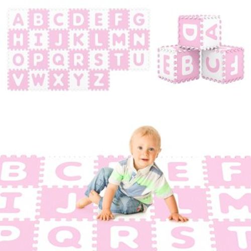 Costway 26 PCS 12 5'' x 12 5'' Interlocking ABC Play Mats w/Detachable Letters for Kids Pink & White