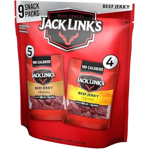 Jack Link's Beef Jerky Variety Pack - Original and Teriyaki - (9 Pack) 1.25 oz Bag - Ready to Eat Protein Snacks - 13g Protein per Serving - Made with 100% Real Beef
