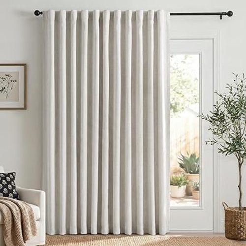 Linen Blackout Sliding Door Curtains for Living Room, Back Tab/Rod Pocket Thermal Insulated Curtains for Sliding Glass Doors, 1 Panel Set, 100" W x 90" L, Beige