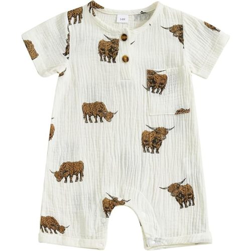 Chloefairy Newborn Baby Boy Western Clothes Highland Cow Romper Short Sleeve Cotton Linen Jumpsuit Cowboy Summer Outfit