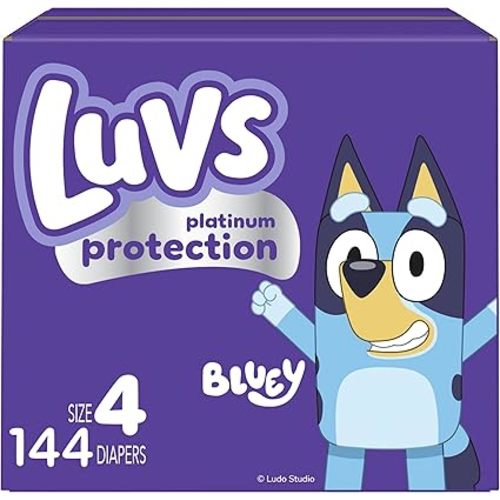 Luvs Size 4 Baby Diapers, Platinum Protection Bluey Diapers for Day & Night, Size 4, 144 Count (Packaging May Vary)