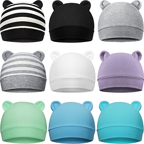 Geyoga 9 Pieces Newborn Baby Hat Bear Ears Infant Caps Baby Boy Girl Toddler Hats Beanie Caps, 2 Ears