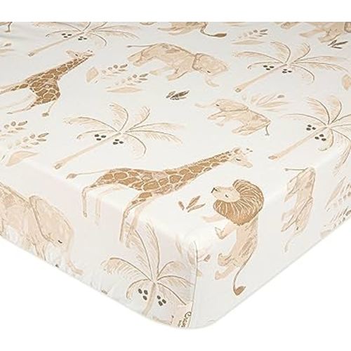 Crane Baby Soft Cotton Crib Mattress Sheet, Fitted Sheet for Cribs and Toddler Beds, Safari Animal, 28”w x 52”h x 9”d
