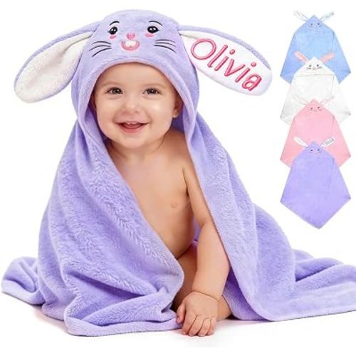 Custom Hooded Bath Towel with Name, Personalized Highly Absorbent Bunny Towels, Baby Bath Towels for Girls Boys, Easter Brithday Shower Gifts for Baby, Toddler, Newborn (Purple)