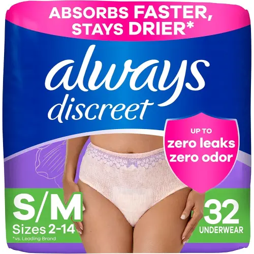 Always Discreet Adult Incontinence Underwear for Women and Postpartum Underwear, Small/Medium, Up to 100% Bladder Leak Protection, 32 Count