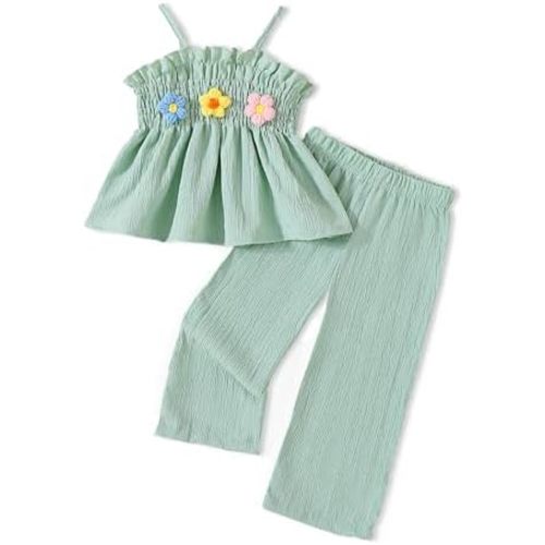 Doresbebe Toddler Baby Girl Clothes Sleeveless Summer Outfit Smocked Strap Camisole Linen Pants Prety Spring Clothing Set