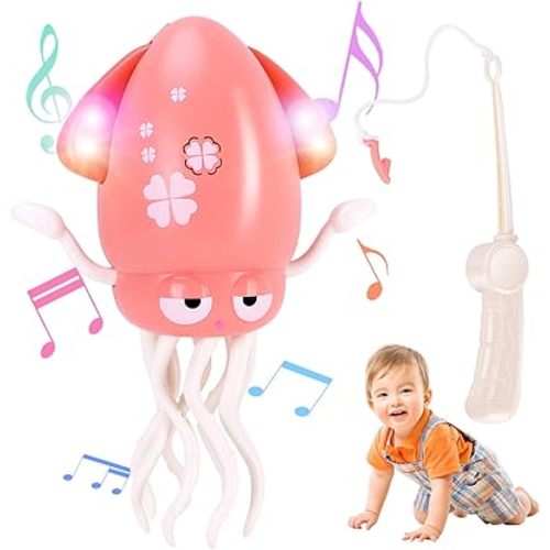Dancing Octopus Baby Toy, Tummy Time Toys, with Music and Led Light, Automatically Avoids Obstacles, Crawling Toy Suitable for Birthday Gifts for Toddlers Over One Month Old(Pink)