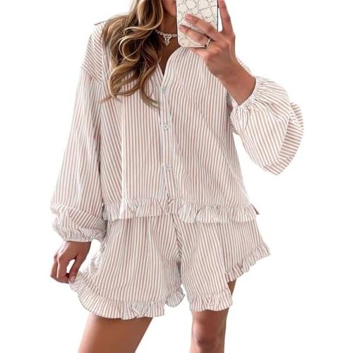 Fisoew Womens Stripe 2 Piece Lounge Sets Button Down Ruffle Shirts Shorts Sets Casual Oversized Pajama Sets Loungewear