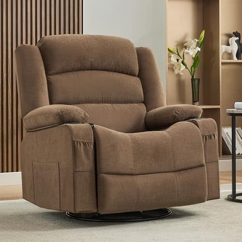 Oversized Nursery Rocking Chairs with Heat and Massage, 360° Swivel Recliner Chair for Adults, Recliner Single Sofa Seat with Cup Holders, Lazy Boy Recliner Single Sofa (Oversized Manual, Brown)