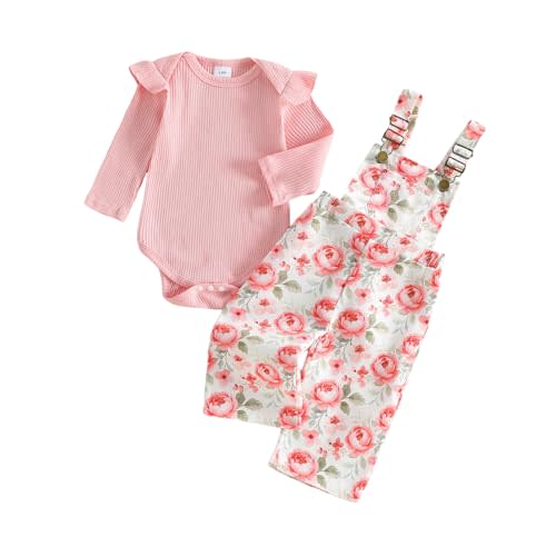 Newborn Baby Girl Fall Outfits Infant Rompers Overalls Pants Set | Western Clothes, Country Clothing, Floral Overalls, Rib Long Sleeve Jumpsuit, Fall Winter 2Pcs Outfit Sets 3 6 9 12 18 Months