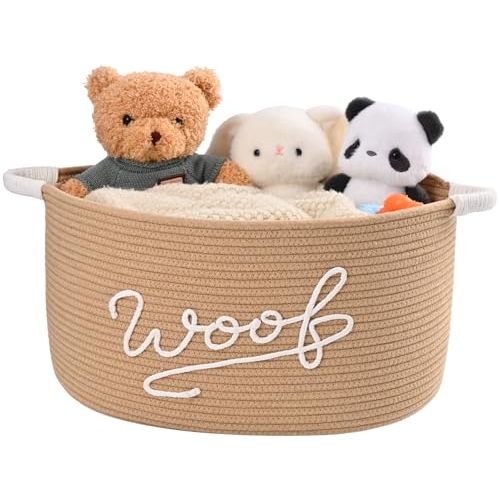 Degeyoyo Woof Dog Toy Basket, Large Dog Toy Storage Bin with Durable Handles, Woven Dog Basket for Blankets, Toys, Chews, Pet Toy Storage Box for Nursery, Living Room, Bedroom, 17”x12”x9, Beige