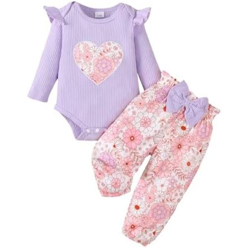 Jecson Newborn Baby Girl Clothes: Soft Cotton Infant Outfits Ruffles Sleeve Romper & Pants Set Cute Fall Home Outing 0-18M