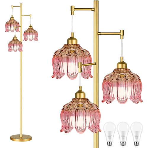 Pink Floor Lamp for Living Room,Bedroom,Gold Mid Century Modern Standing Lamp Brass Tree 3 Light Tall Floor Lamps Vintage Retro Floor Lights Glass Flower Lamp Shade Girls Kids Boho Bohemian