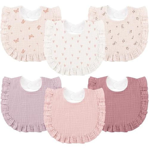 Bearmoss 6 Pack Baby Girl Bibs for Newborn, Muslin Bibs with Ruffle Trim