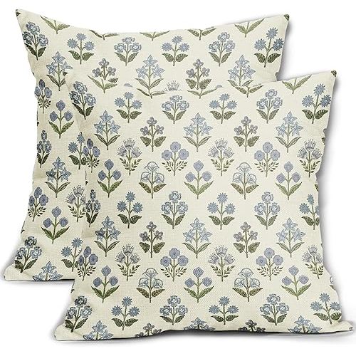 Blue Green Block Print Pillow Covers 18x18 Inch Set of 2, Vintage Floral Spring Decorative Throw Pillow Cases Boho Cushion Covers Rustic Decoration Gift Farmhouse Sofa Couch Bed Decor