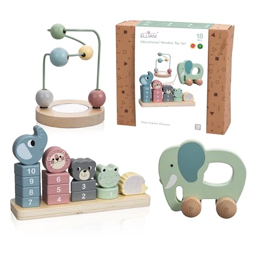 ELLIANI Montessori Toys for 1 Year Old - 3-in-1 Wooden Toy Set, Stacking Toys for Toddlers 1-3 with Bead Maze & Pull Toy, Baby Gender Neutral Gifts