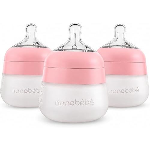 Nanobebe Flexy Silicone Baby Bottle, Anti-Colic, Natural Feel, Non-Collapsing Nipple, Non-Tip Stable Base, Easy to Clean 3-Pack, Pink, 5 oz
