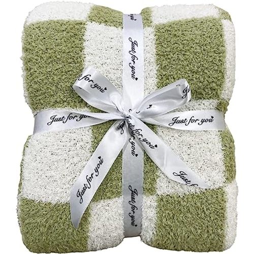 Ultra Soft Checkered Blanket Cozy Buffalo Check Throw Fluffy Knitted Reversible Throw Blanket Lightweight Fleece Checkerboard Grid Blanket for Sofa Couch Bed Travel, Sage Green, 51''x63''
