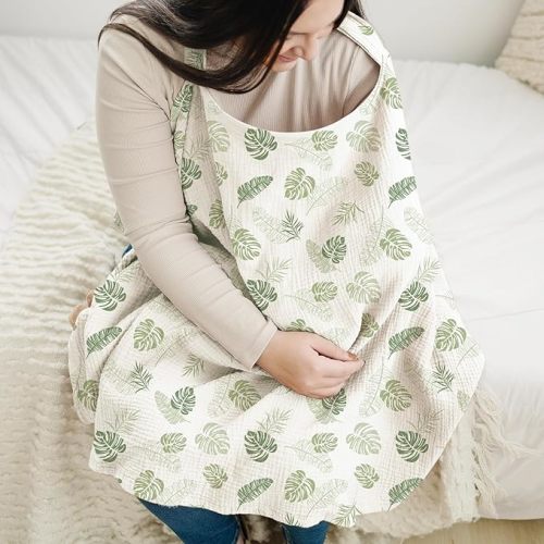 Konssy Muslin Nursing Cover for Baby Breastfeeding, Breathable 100% Cotton Breastfeeding Cover with Rigid Hoop for Mother Nursing Apron, Multi-use Carseat Canopy (Palm Paradise)