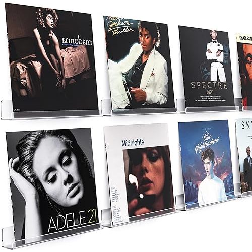 Gotega 8 Pack Vinyl Record Shelf Wall Mount, 12 inch Album Record Holder Display, Clear Acrylic Floating Shelves for Wall, Suitable for Bedroom, Living Room, Magazine Shelf, Kids Bookshelf, etc