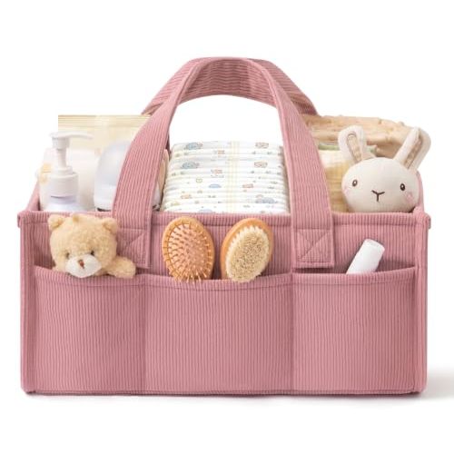 Corduroy Baby Diaper Caddy Organizer with Handles, Nursery Storage Basket | Portable Diaper Bag Car Caddy Organizer for Wipes, Girl Newborn Essentials Baby Shower Gifts Basket Registry Search Must Have