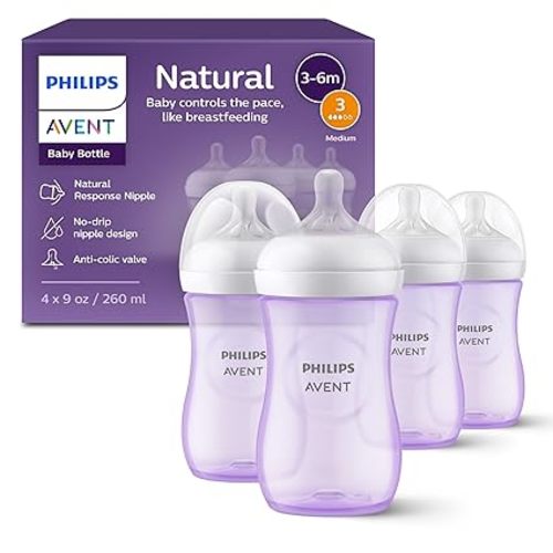 Philips Avent Natural Baby Bottles with Natural Response Nipples (Medium Flow, Flow 3), with Seahorse and Starfish Design, 9oz, 4-Pack, SCY903/68