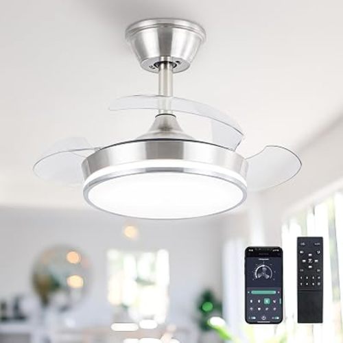 STERREN 30" Retractable Ceiling Fans with Lights, Dimmable LED Ceiling Fan Remote Control, Modern Small Fan Light for Bedroom Living Room Dinning Room Kitchen, 3000K-6500K, 6 Speed (Brushed Nickel)