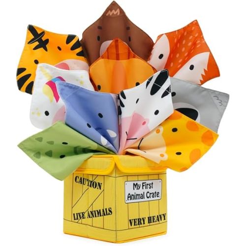 Urban Kiddy™ My First Animal Crate | Sensory Baby Tissue Toy Box, Montessori Toys for Infants & Toddlers, Imaginary Play, Colorful Crinkle Textured Pull Scarves, Educational Preschool Learning