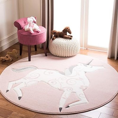 SAFAVIEH Carousel Kids Collection Area Rug - 6'7" Round, Pink & Ivory, Non-Shedding & Easy Care, Ideal for High Traffic Areas for Boys & Girls in Playroom, Nursery, Bedroom (CRK163P)