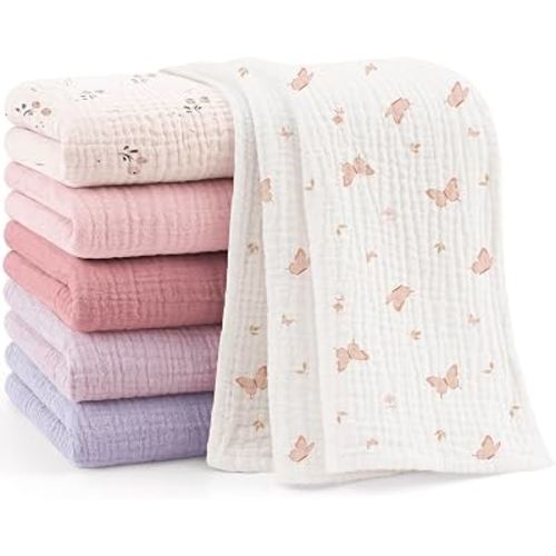 Bearmoss 6 Pack Muslin Burp Cloths for Baby, 100% Cotton Soft Large Burping Cloths for Unisex, Boy, Girl, 23.6" X 23.6" Newborn Essentials Absorbent Milk Spit Up Rags (Pink Purple)