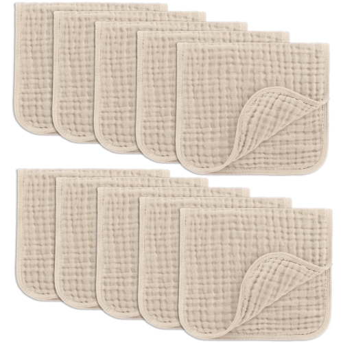 Comfy Cubs Muslin Burp Cloths - Large 100% Cotton Washcloths, 6 Layers (Cream, 10-Pack, 20"X10")