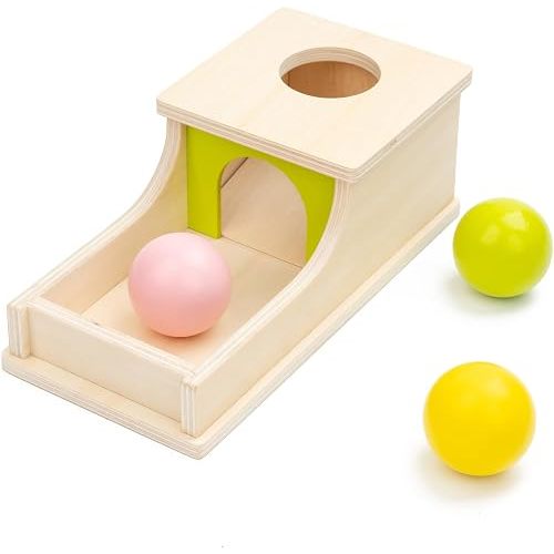 Montessori Toys for 6 Month Old, Wooden Object Permanence Box with Tray Three Balls, 8 Month Old Baby Toys, Preschool Infant Toys 6-12 Months Developmental, Cause and Effect Ball Drop Toy
