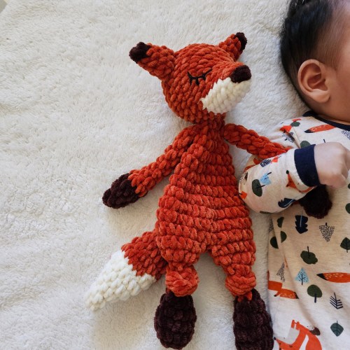 Little fox snuggler, crochet snuggler, handmade toys and gifts.