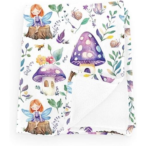 Cute Magical Fairies Mushroom Purple Baby Boy Girl Blankets Flannel Fleece Snails Bees Boho Leaves Wildflowers Blanket Breathable Toddler Infant Newborn Forest Blanket Bee 30x40inch