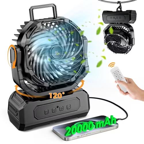3-in-1 Camping Fan,Portable Fans Rechargeable , 20000mAh Battery Powered Fanwith Light & Remote for Indoor, Outdoor, Tent, Travel, BBQ, Fishing, Jobsite - Black