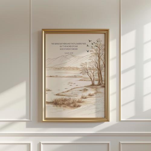 Isaiah 40:8 Scripture Wall Art – “The Word of Our God Stands Forever” Printable, Minimalist Bible Verse Art, Sepia Landscape Christian Decor