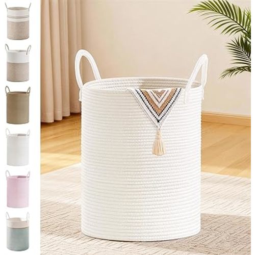 Tall Laundry Basket with Handles, 53L Portable Dirty Clothes Hamper, Boho Cotton Rope Storage Bin for Blankets Kids Toys Gifts, Decorative Organizer for Baby Nursery Bedroom Bathroom, White