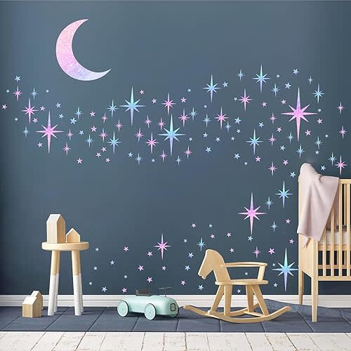 Retro Star Wall Decals Sparkle Wall Decor Stickers Rainbow Stars Moon Decal