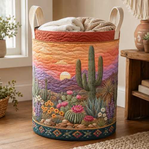 Quilted Cactus Laundry Hamper, Southwestern Desert Storage Basket, Boho Western Decor Organizer