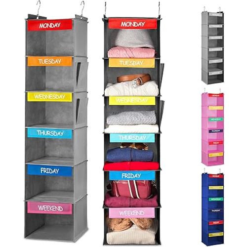 Handy Laundry Hanging Clothes Organizer for Kids - 6-Shelf Closet Daily Clothing Organization Labeled Shelves with Days of The Week Monday Through Friday, Weekday and Weekend (Grey-Colored)
