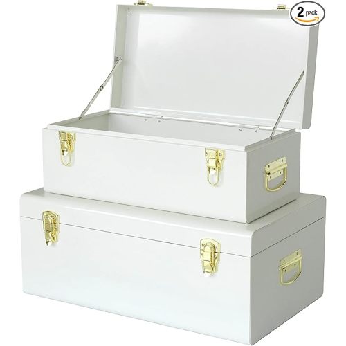Metal Trunk Decorative Storage Box Set of 2 College Dorm Chest with Handle (White)
