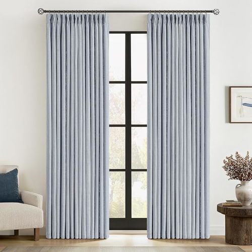 MIULEE Pinch Pleated Thick Linen Curtains 96 Inches Long 2 Panels for Living Room Bedroom, Memory Trained Pleat Drapes Light Filtering Light Blue Semi Sheer Window Curtains Hooks Rings Back Tab