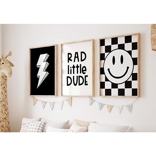 Boys Room Wall Art Decor Set of 3 Toddler Nursery Canvas Wall Art Baby Kids Wall Decor Black Checkered Smiley Poster Pictures Retro Playroom Rad Little Dud Art Prints for Bedroom 12x16 Inch Unframed