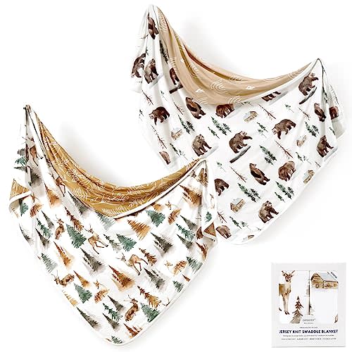 GRSSDER Baby Blankets Super Soft Stretchy Jersey Swaddle Blanket 2 Pack for Baby Boys, Double Layer Reversible Receiving Blankets 34 x 44, Extra Large for Swaddling, Deer & Bear