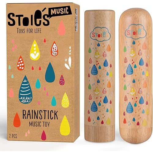 Stoie's Wooden Rainstick Instrument for Kids, Support Music Exploration, Coordination and Rhythm Baby Toy, Soothing Sound for Sensory Play, Durable Rainmaker of Kid-Friendly Size, 2 Pack