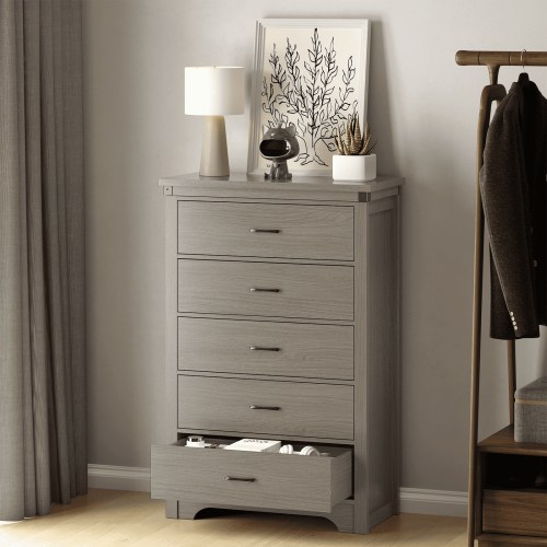 Farmhouse 5 Drawer Dresser for Bedroom, 47" Tall Chest of Drawers, Wood Gray Dresser with Deep Drawers, Storage Dressers Organizer for Bedroom, Living Room, Hallway
