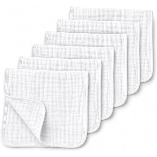 Baby Muslin Burp Cloths, 6 Pack 100% Cotton 6-Layer Burping Cloths, 50.8 x 25.4 cm Soft Absorbent Drool Cloths for Feeding and Nursing, White