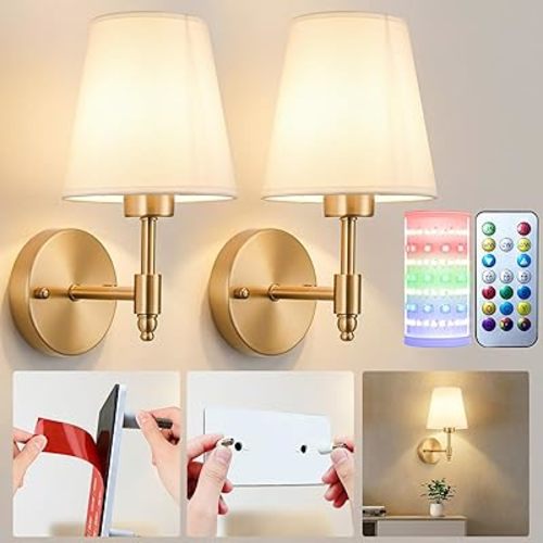 Nekhung Battery Operated Wall Sconces Set of Two, Wireless Battery Wall Light with 10000mAh RGB Dimmable Magnetic Bulb and Remote, Rechargeable Sconce Wall Decor for Bedroom Living Room Hallway